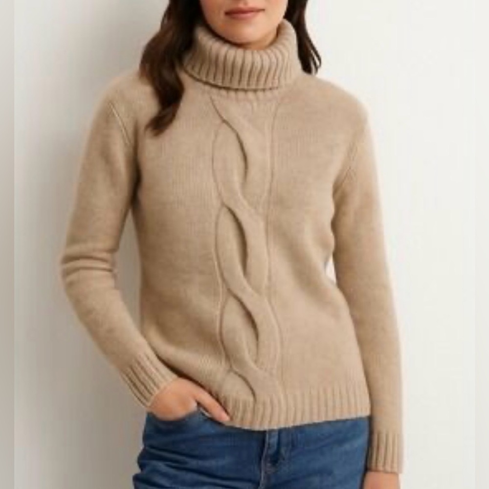 Garnet Hill Cashmere Turtleneck Sweater Cable Knit Chunky Tan XS